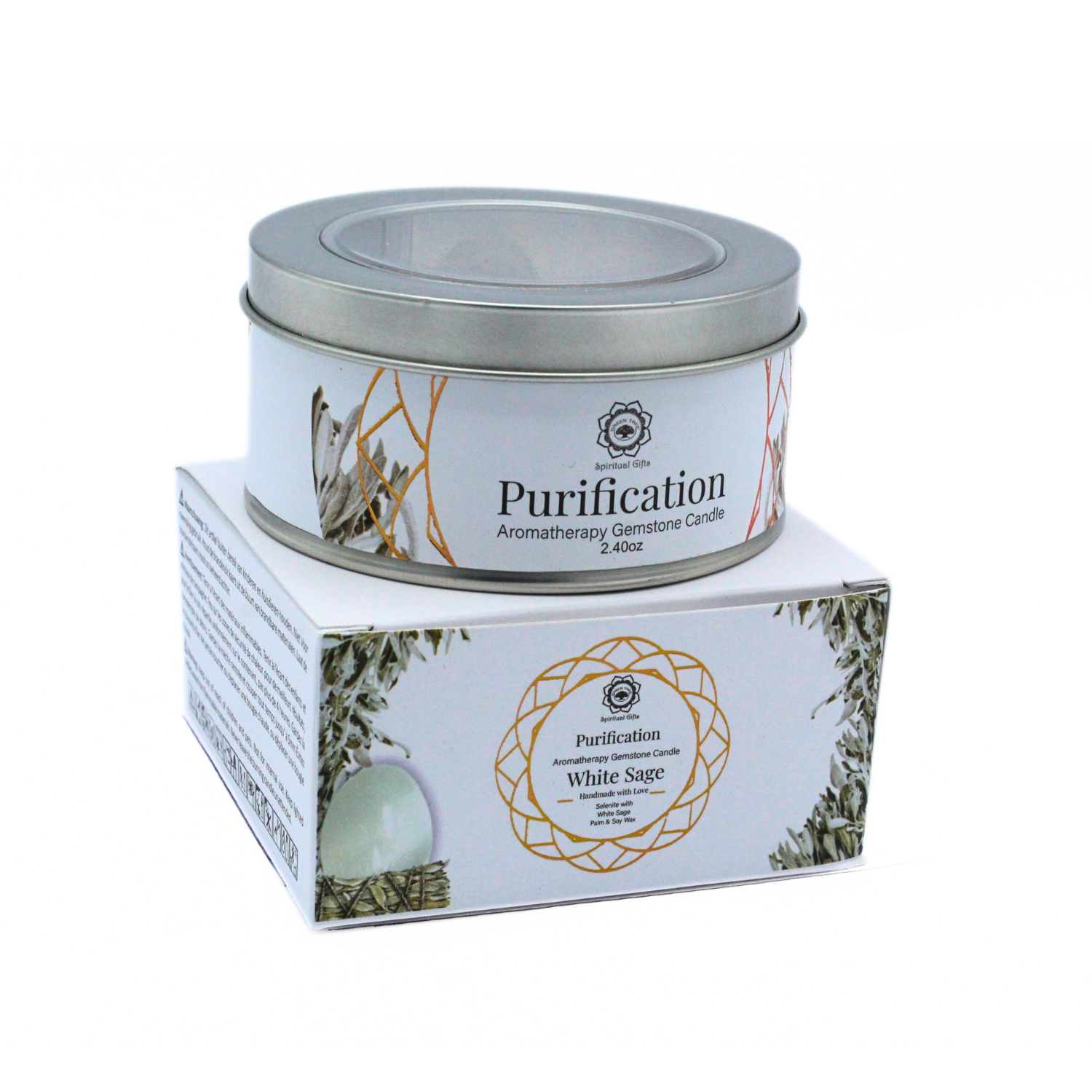Bougie Parfumée Pierre Précieuse – Arbre Vert Purification à la Sauge Blanche (70 g)