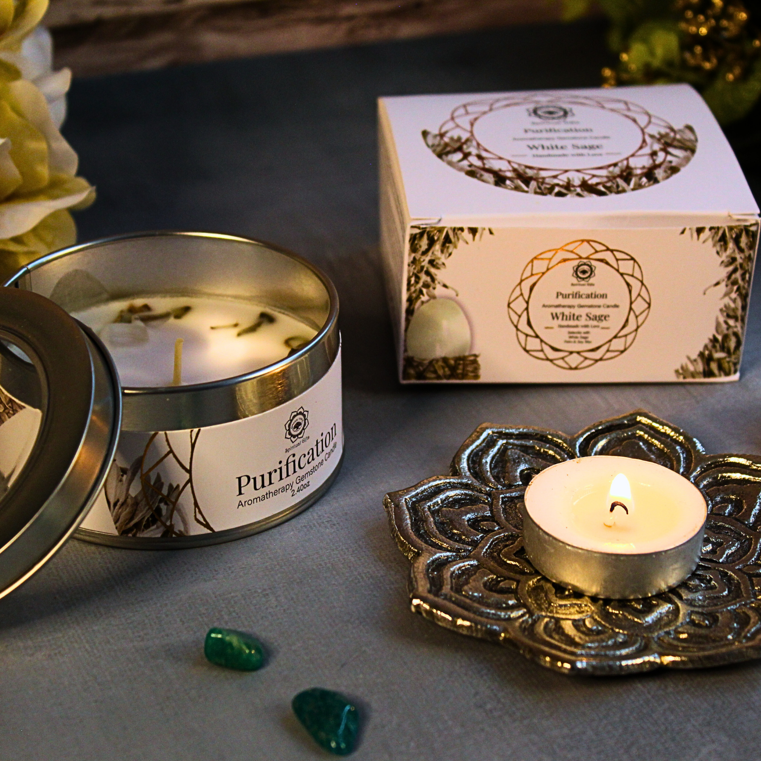 Bougie Parfumée Pierre Précieuse – Arbre Vert Purification à la Sauge Blanche (70 g)