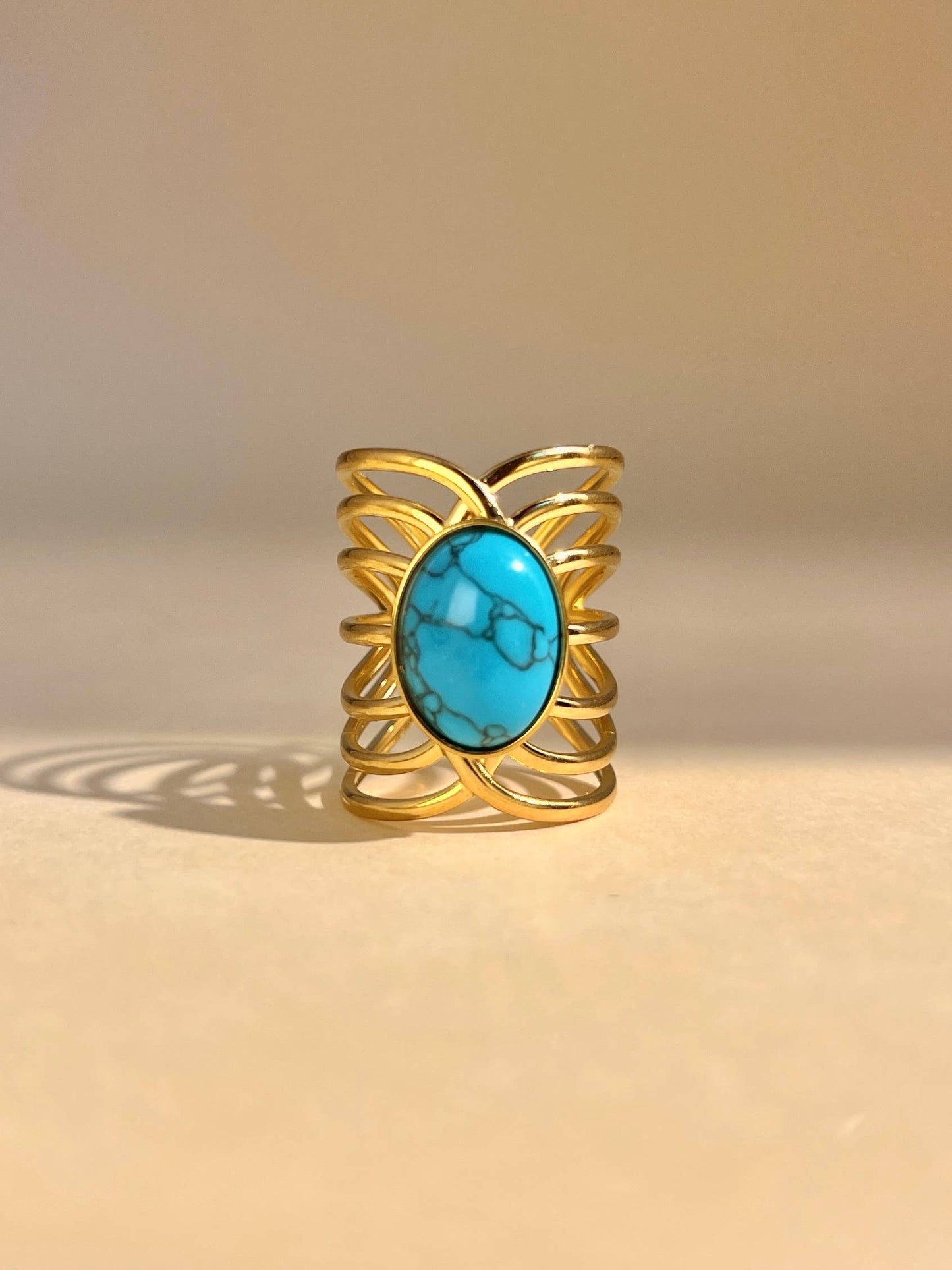 Bague Pierre Naturelle Dorée Ajustable – Acier Inoxydable • Turquoise ou Œil de Tigre