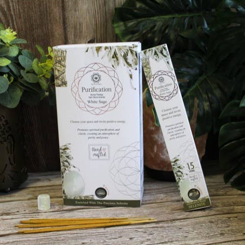 Encens Goloka Manifestations – Purification & Lumière à la Sauge Blanche avec Sélénite