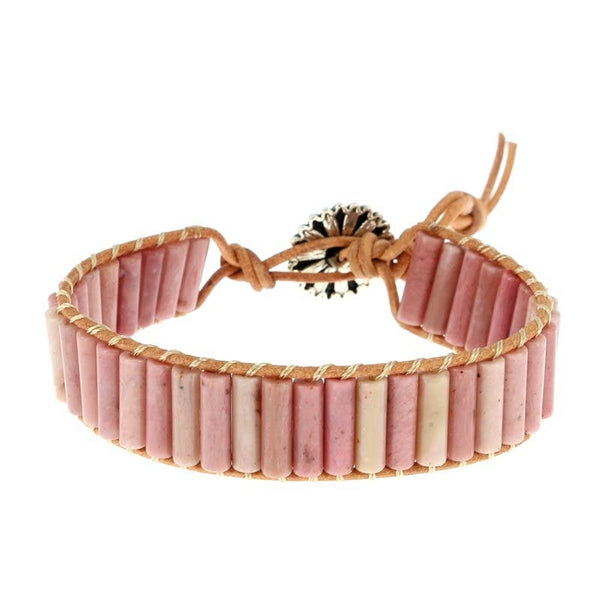 Bracelet Rhodonite Rose Petits Tubes 4 x 13 mm et Cuir