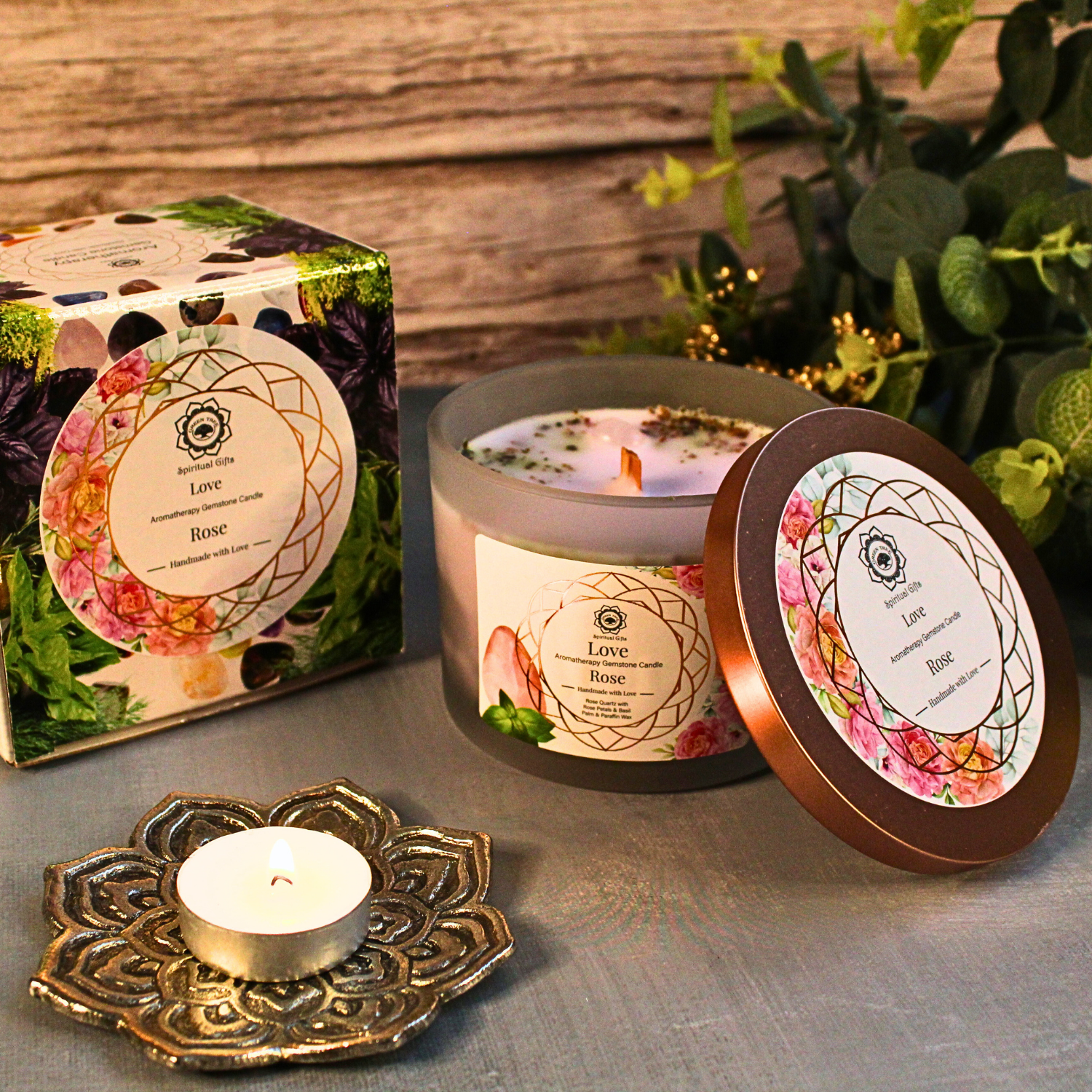Bougie Parfumée Pierre Précieuse – Arbre Vert Amour à la Rose (256 g)