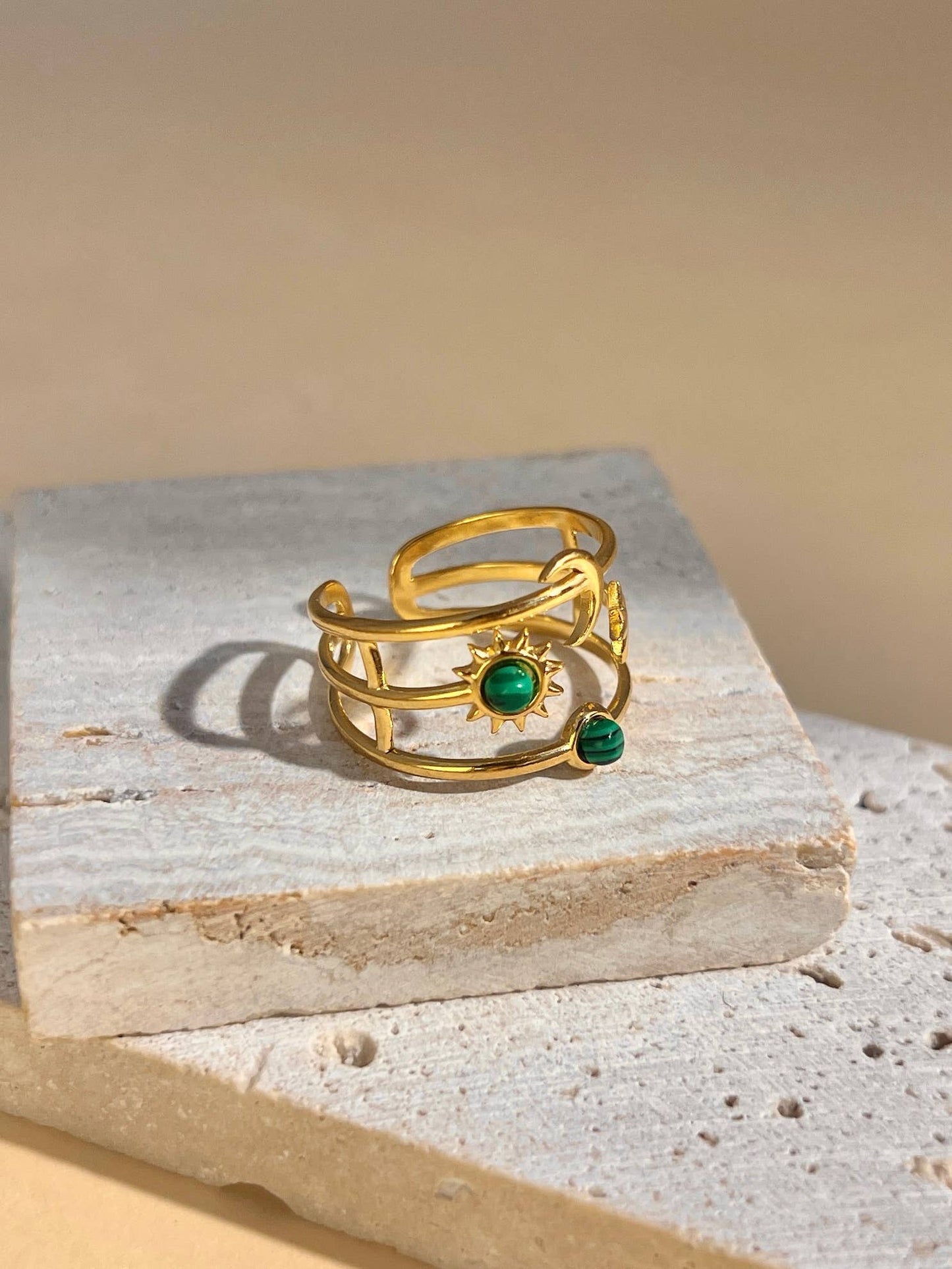 Bague réglable Lune, Étoile & Soleil avec pierre