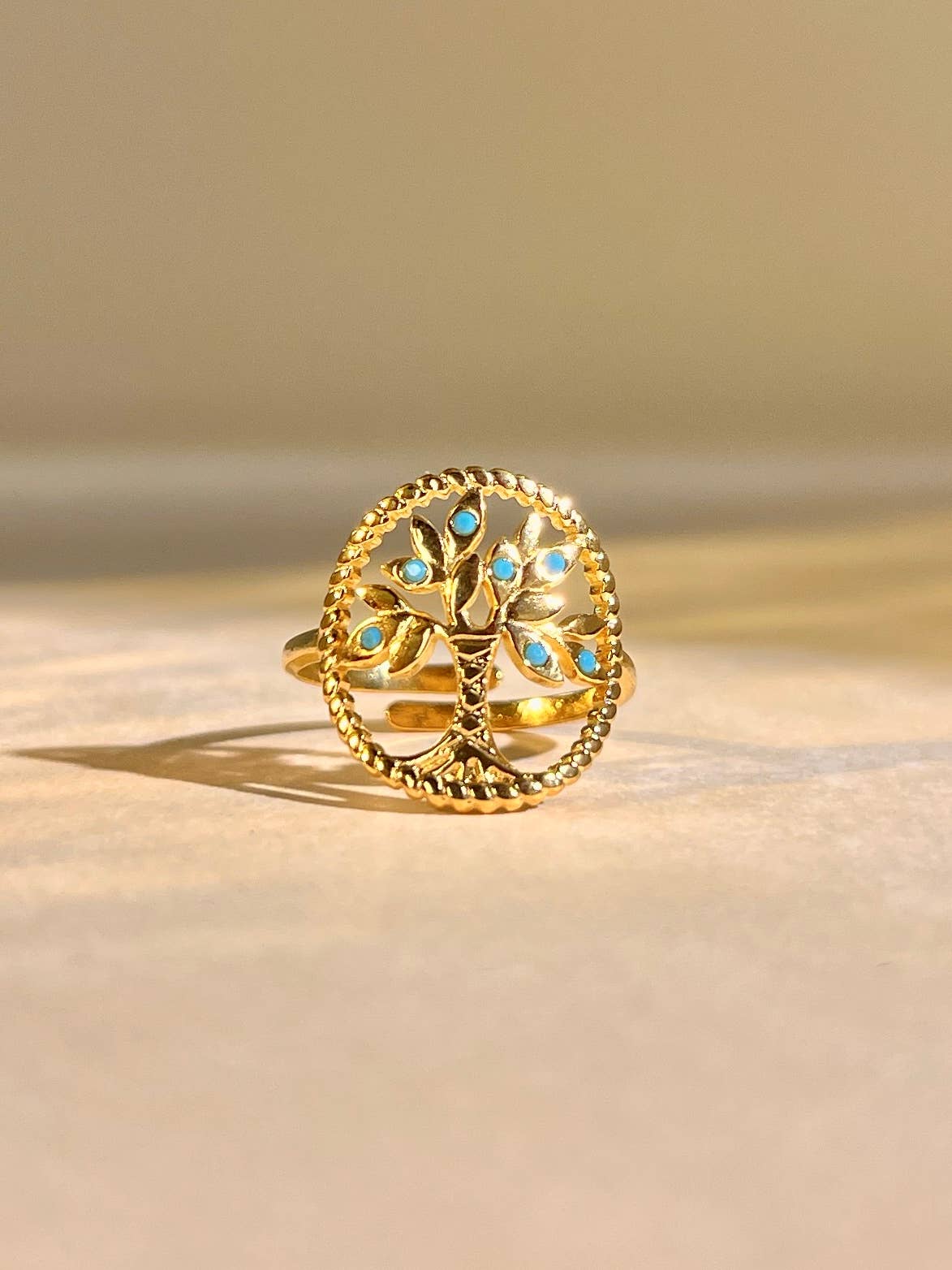 Bague arbre de vie femme pierre turquoise acier inoxydable