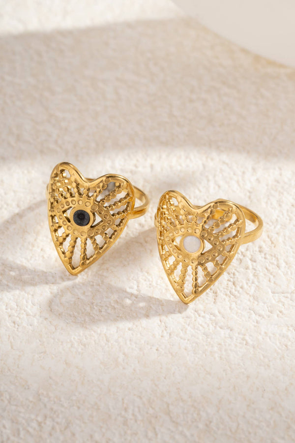 Bague Cœur & Œil Protecteur – Acier Inoxydable Doré Pierre Blanche ou Noire
