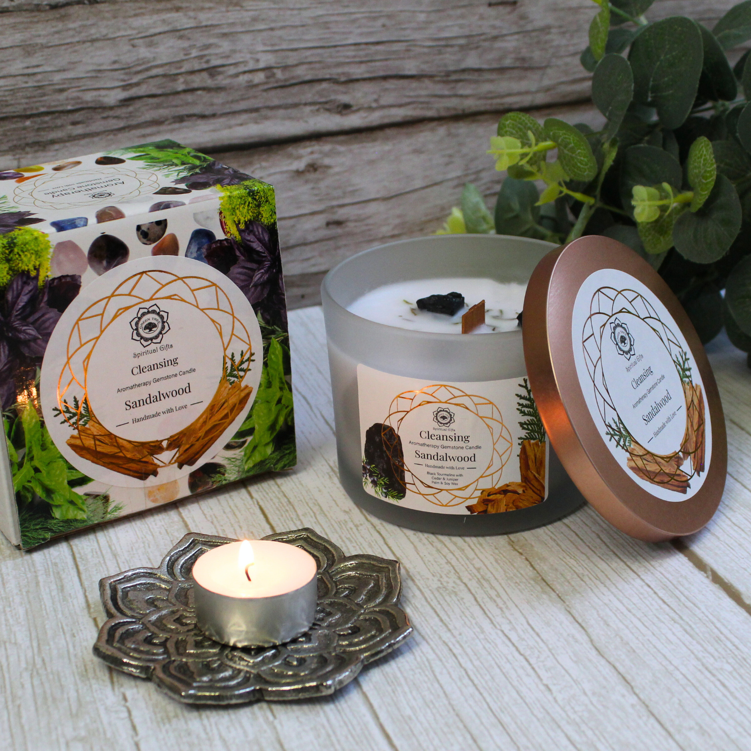 Bougie Parfumée Pierre Précieuse – Arbre Vert Purification au Bois de Santal (256 g)