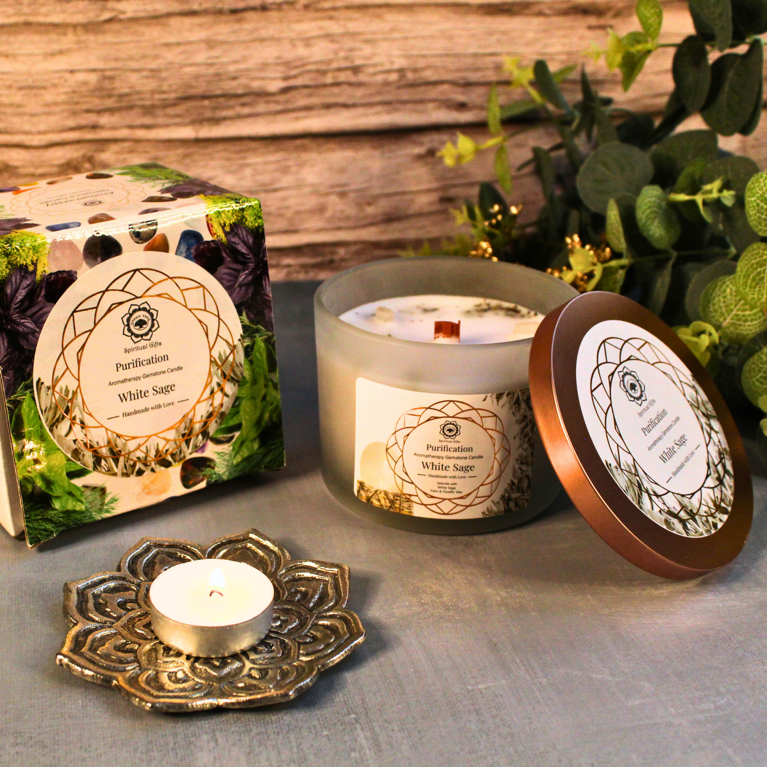 Bougie Parfumée Pierre Précieuse – Arbre Vert Purification à la Sauge Blanche (256 g)