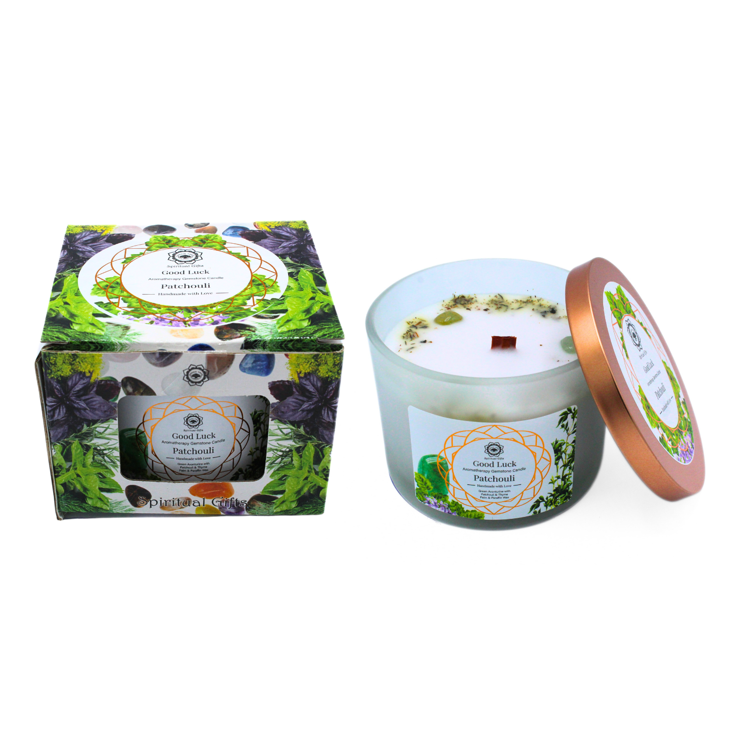 Bougie Parfumée Pierre Précieuse – Arbre Vert Bonne Chance au Patchouli (256 g)