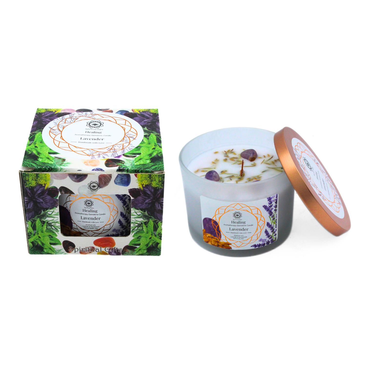 Bougie Parfumée Pierre Précieuse – Arbre Vert Guérison à la Lavande (256 g)