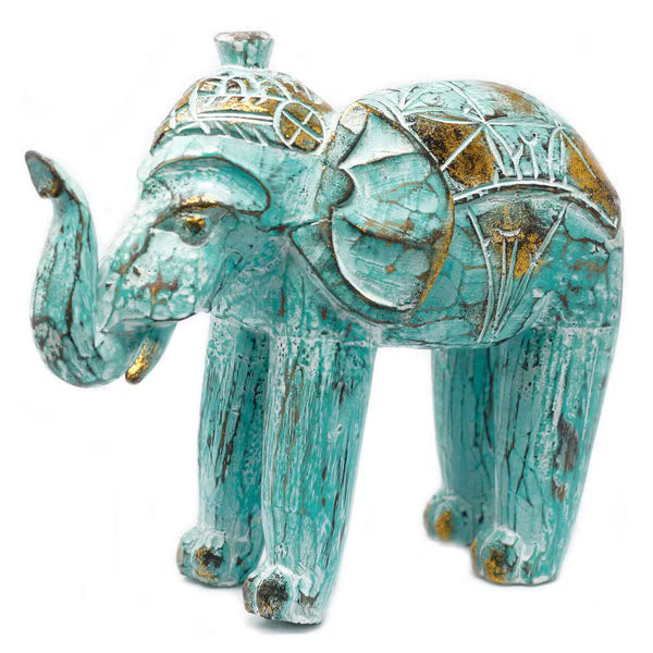 Éléphant en bois sculpté main, patine turquoise et or