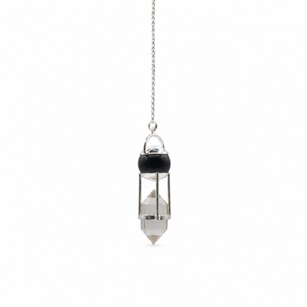 Pendule à globe d'obsidienne noire et pointe de cristal de roche biterminée