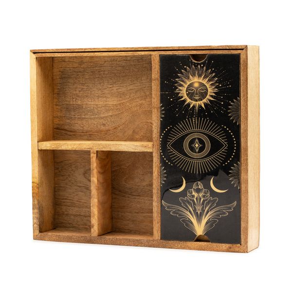 Grand coffret de tirage en manguier à quatre compartiments, couvercle coulissant noir et or à soleil, œil et croissants