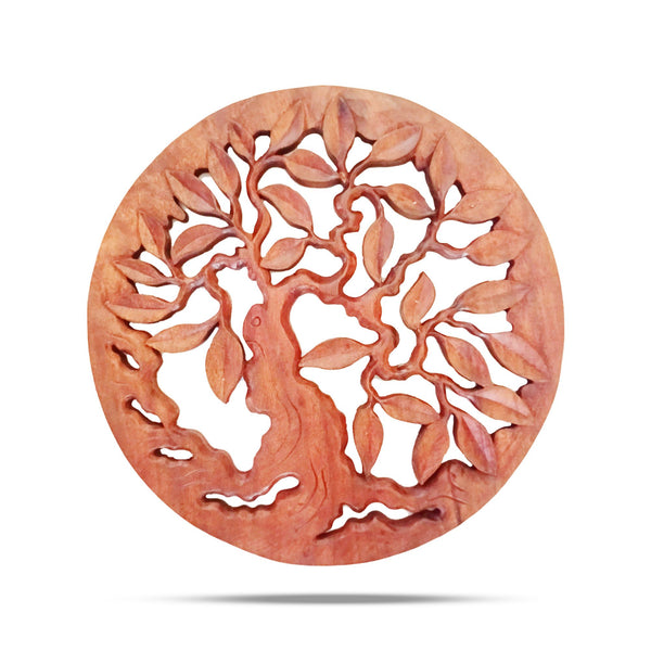 Panneau mural rond de 40 cm en bois de suar : arbre de vie au feuillage large sculpté en fort relief