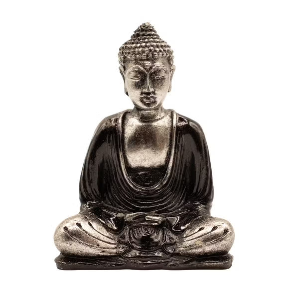 Bouddha de Bali assis en résine peinte main, noir et argent, 15 cm