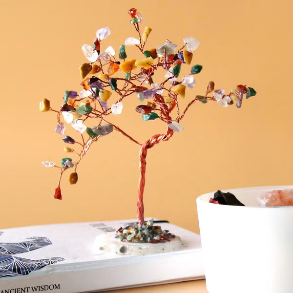 Grand arbre de gemmes multicolores sur socle d'agate naturelle, 100 pierres