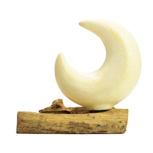 Lampe en Bois Flotté Demi-Lune – Abat-jour Verre Craquelé Gris