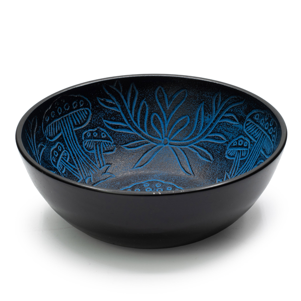 Bol chantant en aluminium gravé champignons bleu 20 cm