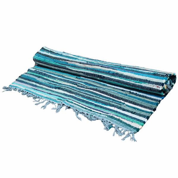 Tapis chindi 150 x 200 cm déplié, rayures turquoise et bleu pâle, franges écrues