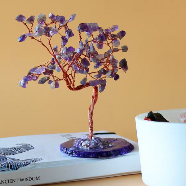 Grand arbre d'améthyste sur socle d'agate naturelle, 100 pierres