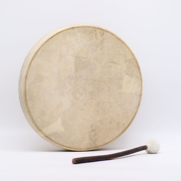 Tambour chamanique de 40 cm en peau naturelle crème sur cadre d'acacia, avec sa mailloche