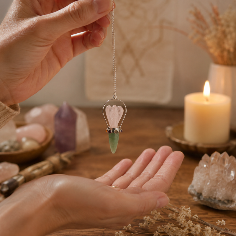 Détail du quartz rose et de l'aventurine verte montés ensemble