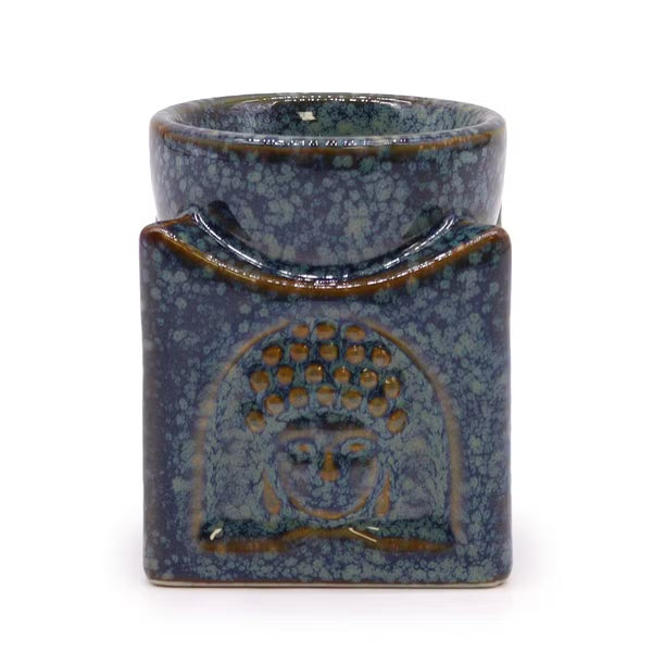Brûle-parfum carré au Bouddha en relief, émail bleu poussière