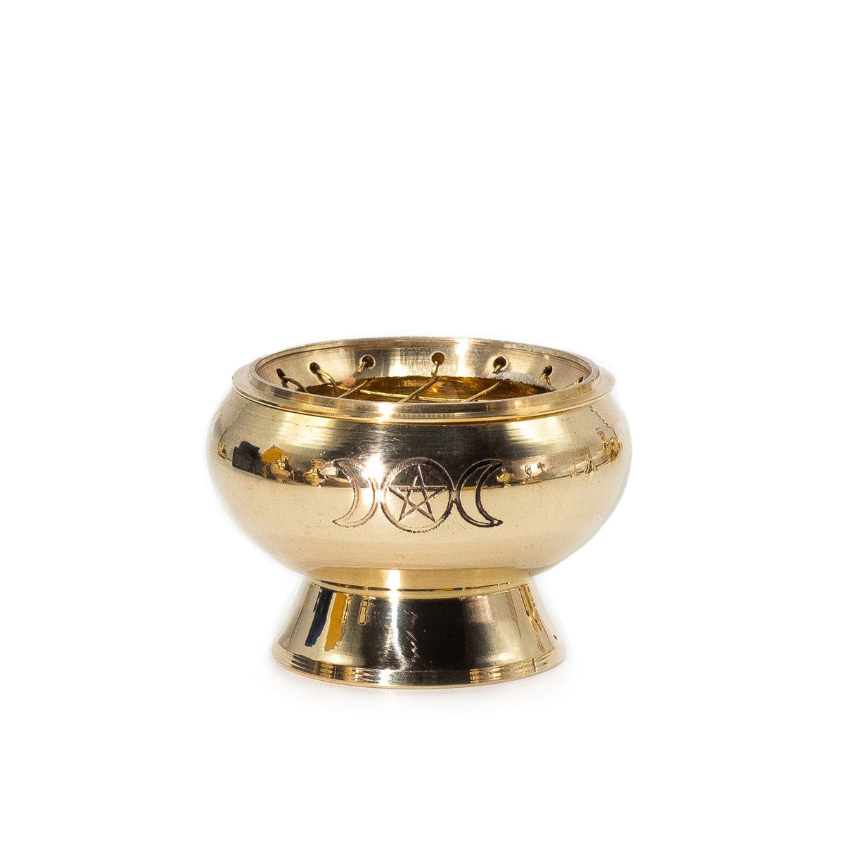 Petite coupelle à charbon sur pied en laiton gravée triple lune et pentagramme, 7 cm