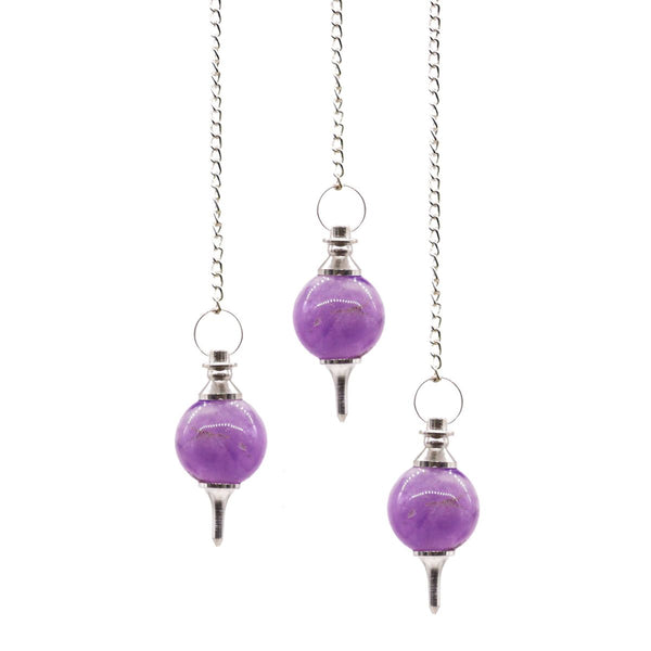 Pendules sphère en améthyste polie, embout argenté et pointe fine, chaîne et anneau