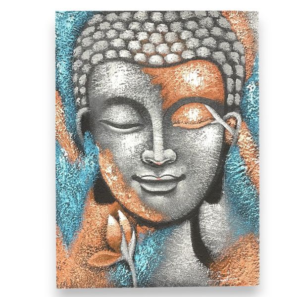 Toile peinte main signée, visage de Bouddha en argent nacré et rose gold avec fleur de lotus, 75 × 55 cm