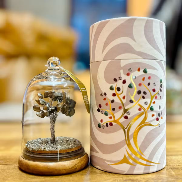 Dôme de verre avec petit arbre de pyrite sur socle en bois
