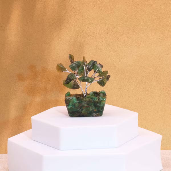 Mini arbre d'aventurine verte sur base orgonite, 15 pierres