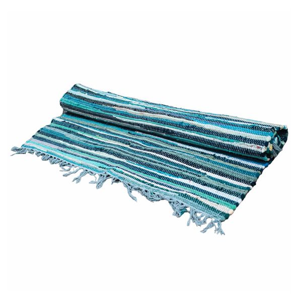 Tapis chindi 150 x 90 cm roulé, rayures turquoise et bleu pâle coupées de fils blancs