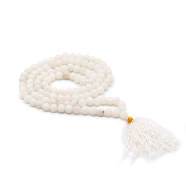 Mala de 108 perles de quartz blanc opaque avec pompon
