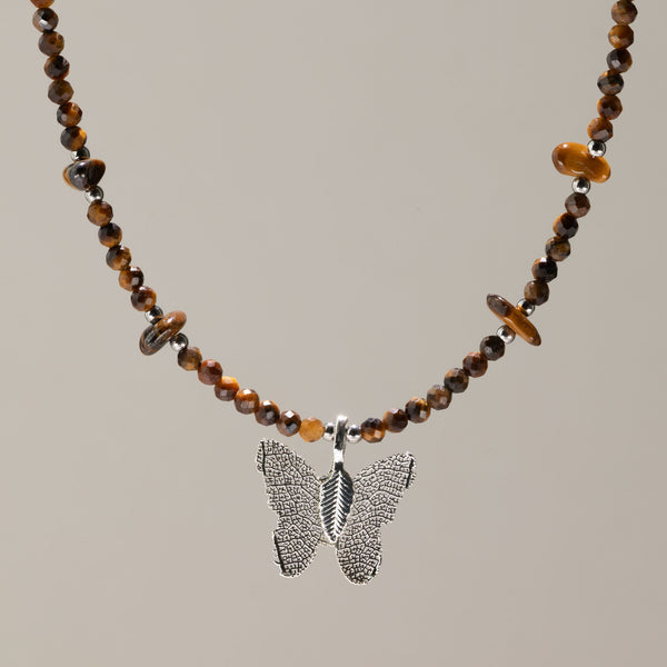 Collier Œil de Tigre – Pendentif Papillon en Véritable Feuille