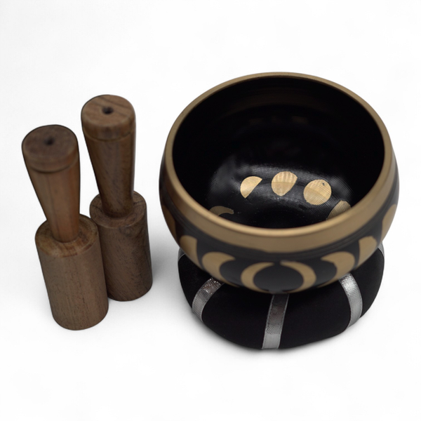 Coffret bol chantant 10,7 cm phases de lune dorées sur noir, coussin, maillet et boîte