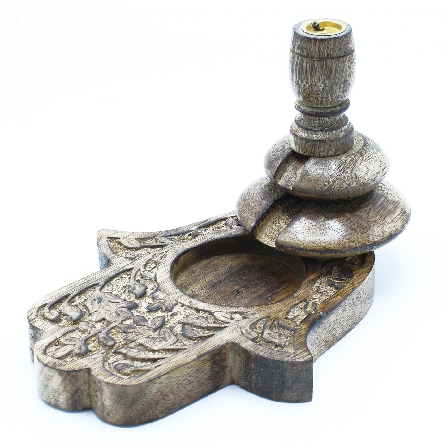 Grand porte-encens en manguier sculpté en main de Fatma, patine claire