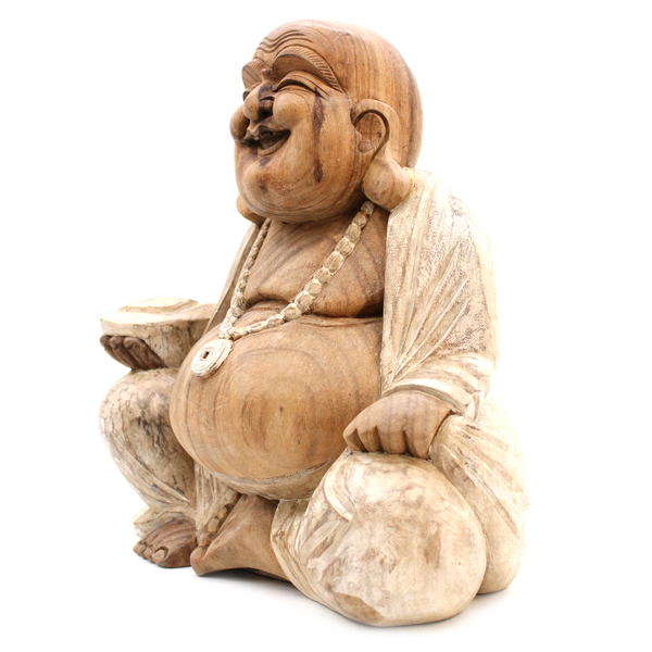 Grande statue de Bouddha en bois de suar massif 40 cm, sculptée main à Bali, patine blanchie