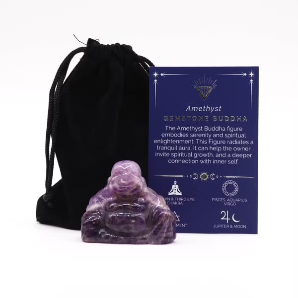 Bouddha rieur sculpté en améthyste avec pochette et carte, 5 cm