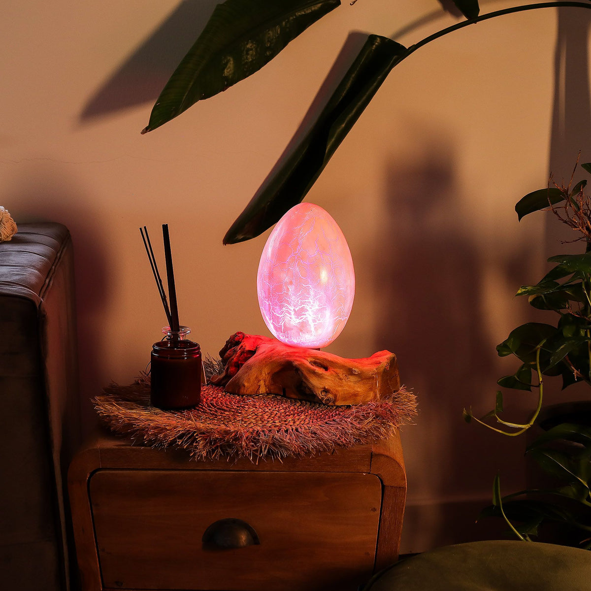 Lampe en Bois Flotté Œuf de Feu – Abat-jour Verre Craquelé Orange