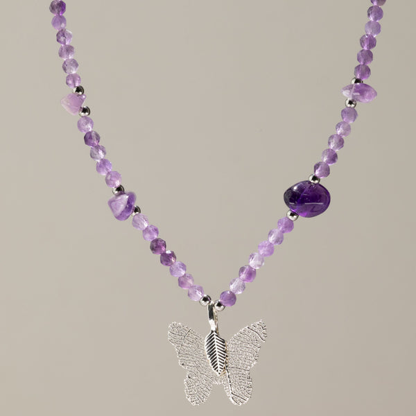 Collier Améthyste – Pendentif Papillon en Véritable Feuille
