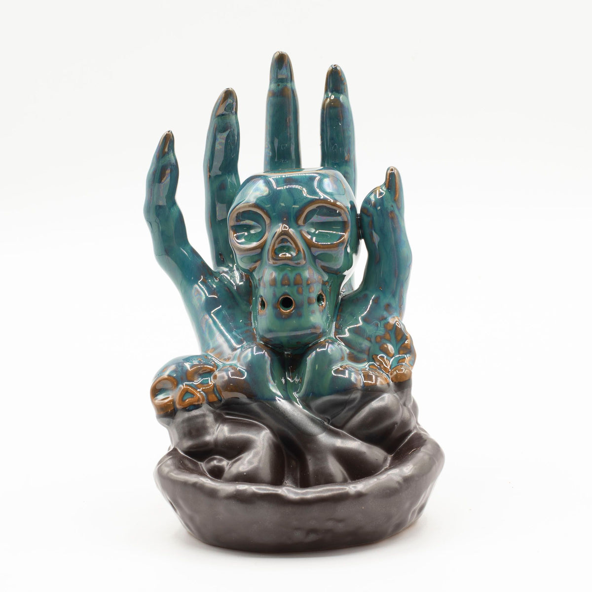 Brûle-Encens à Reflux Crâne dans une Main – Fontaine à Encens Céramique 18 cm