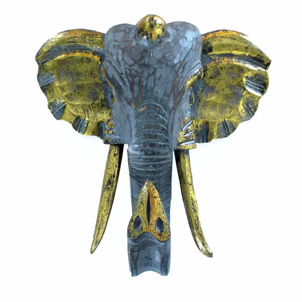 Tête d'éléphant murale en bois sculpté main, patine grise et or