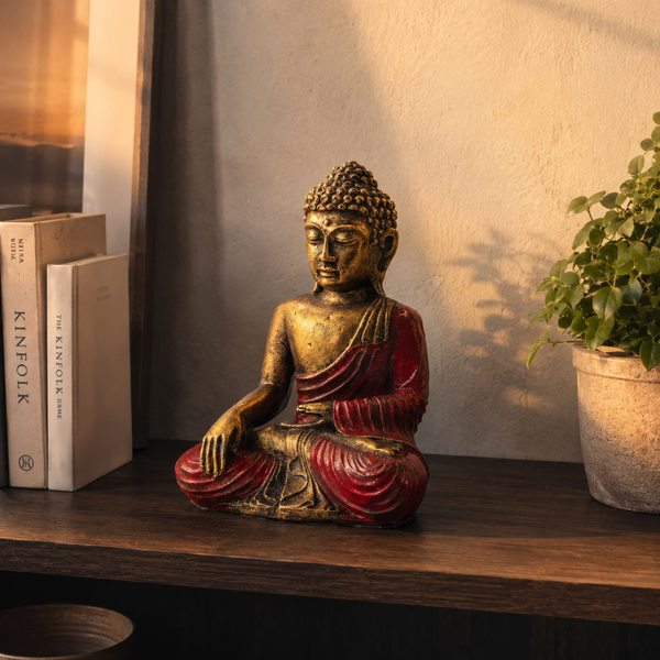 Grand Bouddha de Bali 22 cm en résine peinte main, dorure vieillie et robe rouge