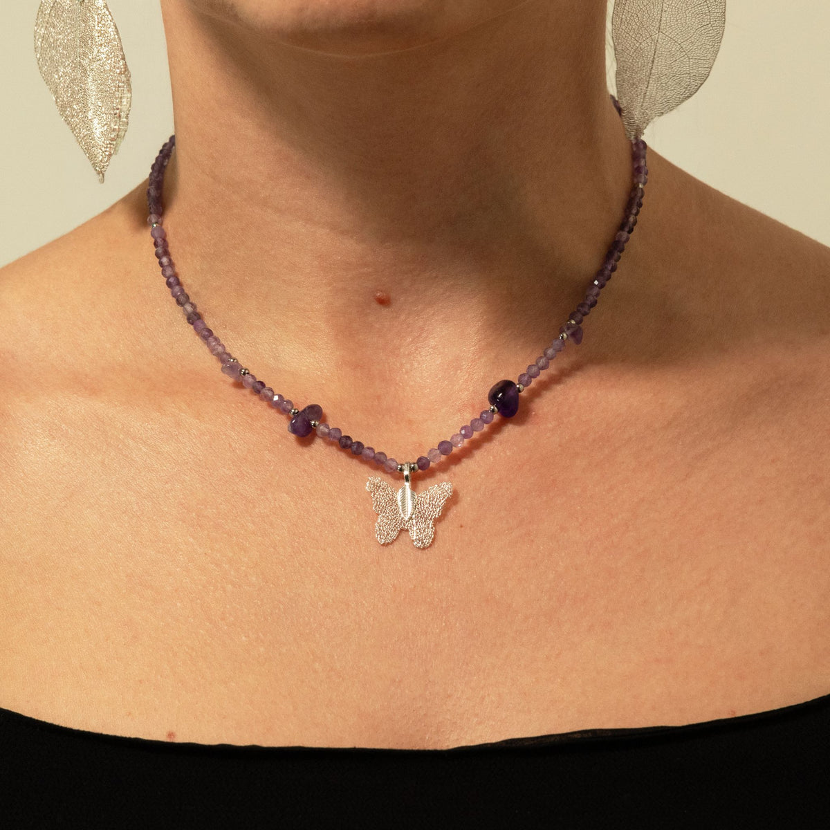 Collier Améthyste – Pendentif Papillon en Véritable Feuille