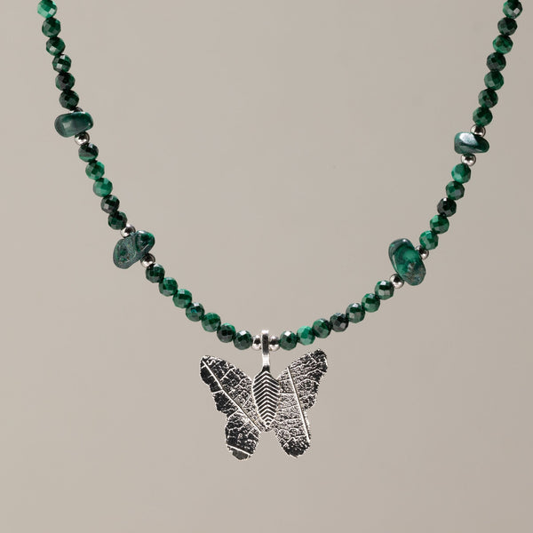 Collier Malachite – Pendentif Papillon en Véritable Feuille