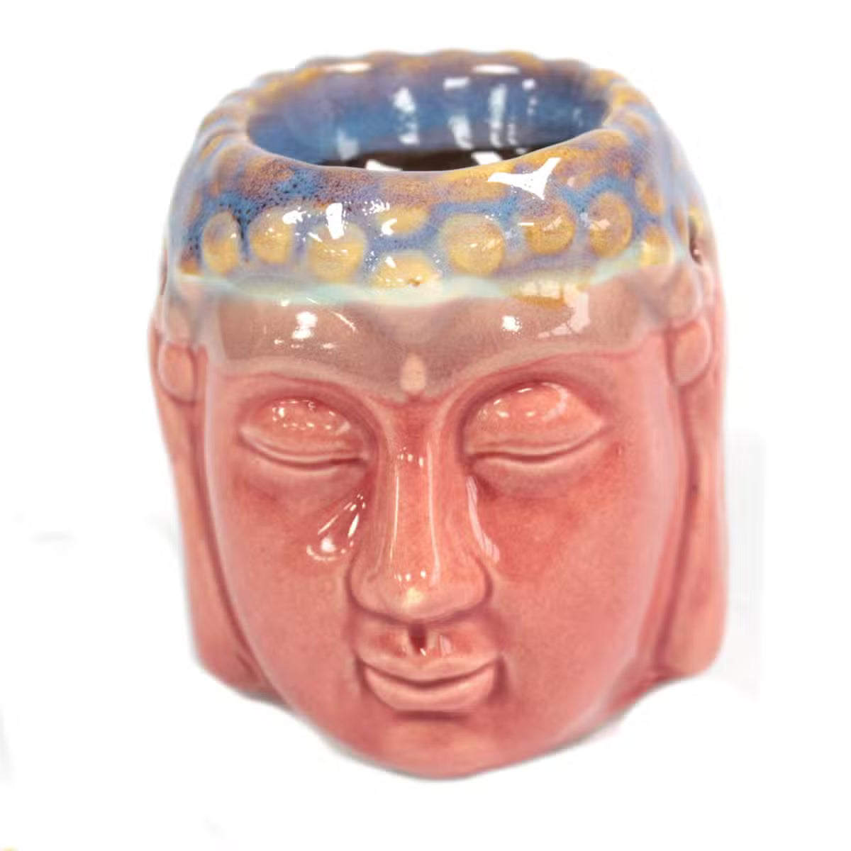 Brûle-parfum tête de Bouddha en céramique rose et sarcelle