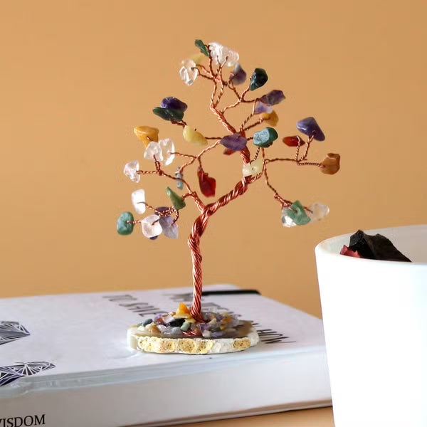 Arbre de gemmes multicolores sur socle d'agate naturelle, 35 pierres