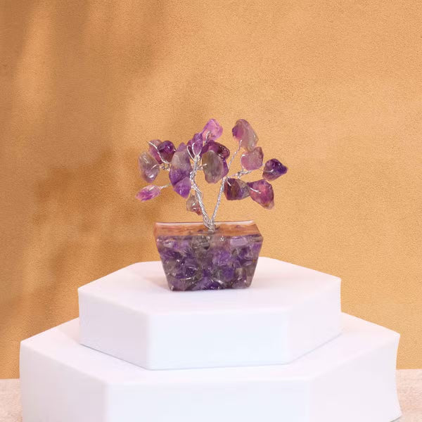 Mini arbre d'améthyste sur base orgonite, 15 pierres
