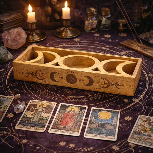 Plateau de tirage phases de lune en bois de manguier avec porte-cartes