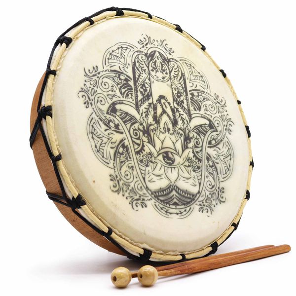 Tambour chamanique de 30 cm, grande main de Hamsa imprimée en noir sur la peau claire, avec deux mailloches en bois